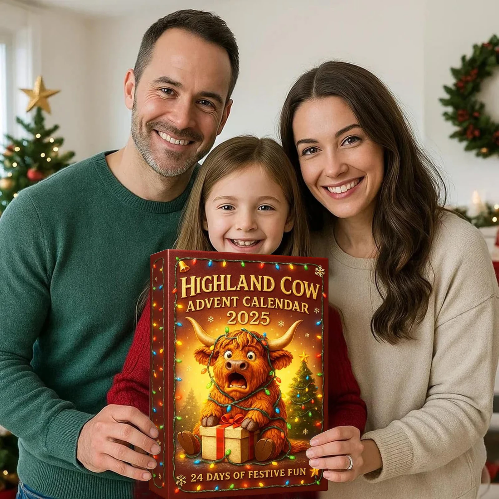 

Адвент-календарь Highland Cow на 2025 год с 24 украшениями Highland Cow. 24-дневный календарь обратного отсчета на Рождество. Адвент-календарь обратного отсчета.