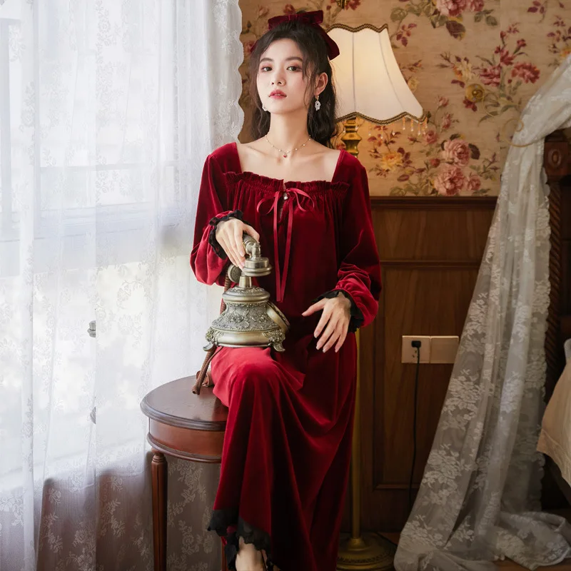 Women Winter Loose Design Full Sleeves Velvet Nightdress French Sexy Square Collar Long Fleece Nightgown Thicken Pleuche Nightie