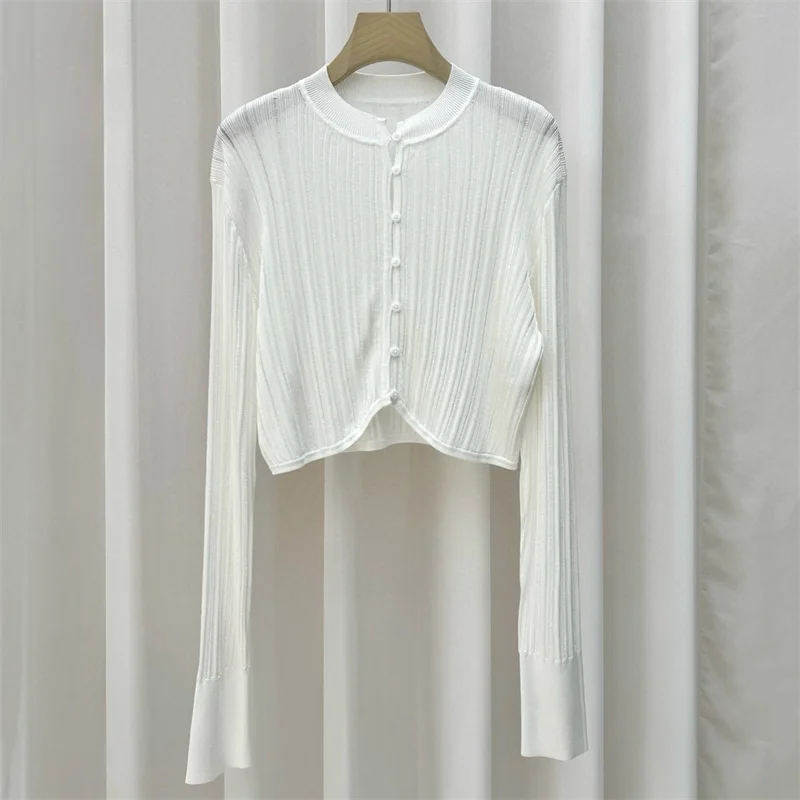 

Женский кардиган 2026: Новинка лета, эластичный вязаный топ с длинным рукавом, укороченный, облегающий, с круглым вырезом, тонкая кофта, женский свитер