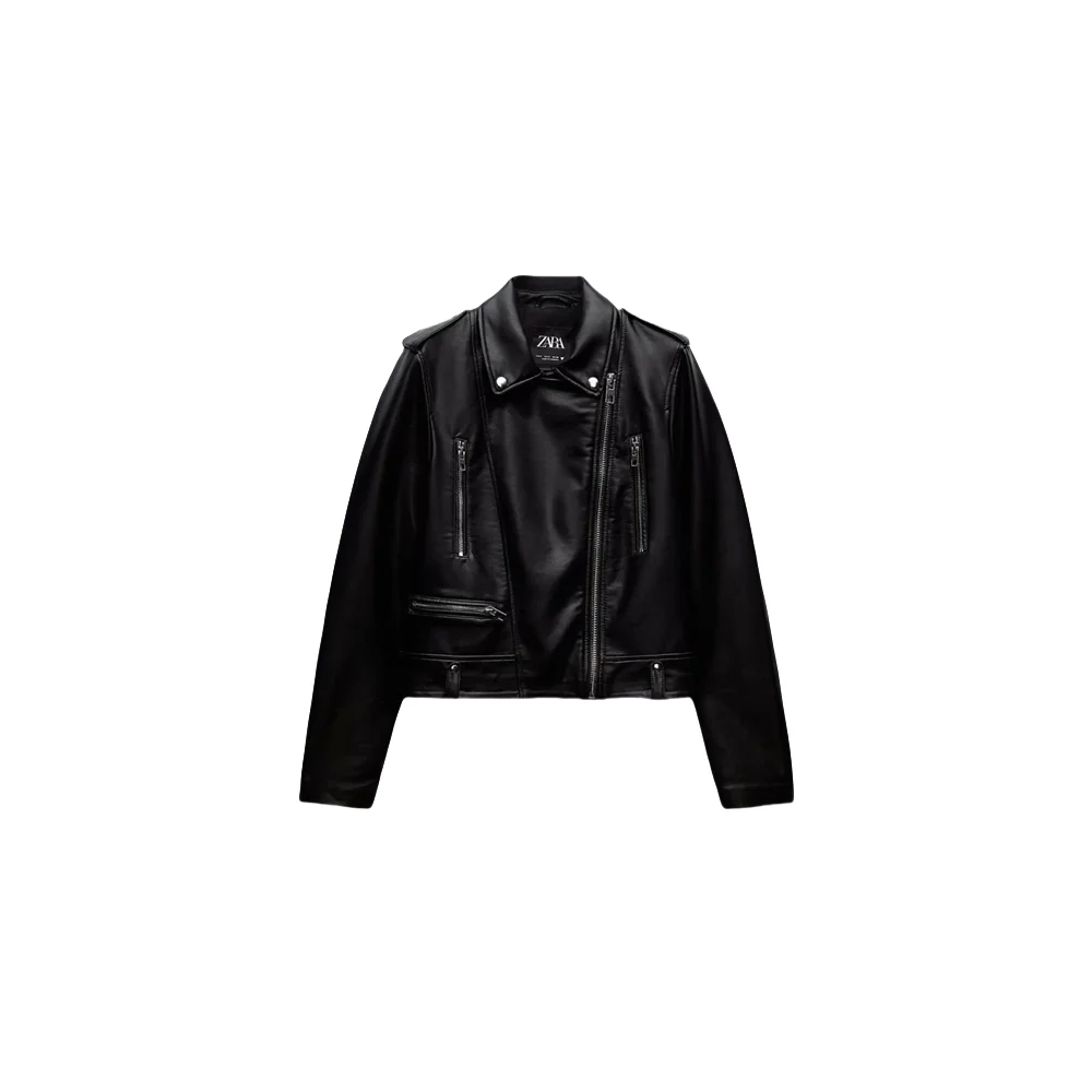 Kar&Otza New women\'s lapel long sleeved zipper embellished leather jacket, imitation leather motorcycle style jacket jacket