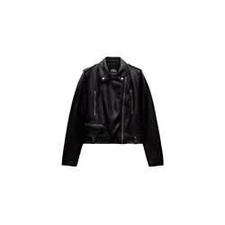 Kar&Otza New women's lapel long sleeved zipper embellished leather jacket, imitation leather motorcycle style jacket jacket