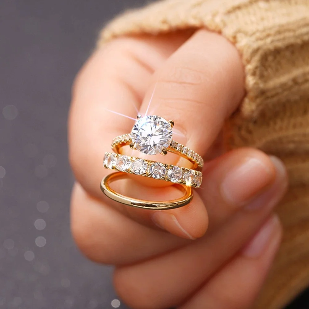 3pcs/set Round Stone White Zircon Ring Sets For Women Vintage Gold Silver Color Engagement Rings Wedding Jewelry Mother Day Gift
