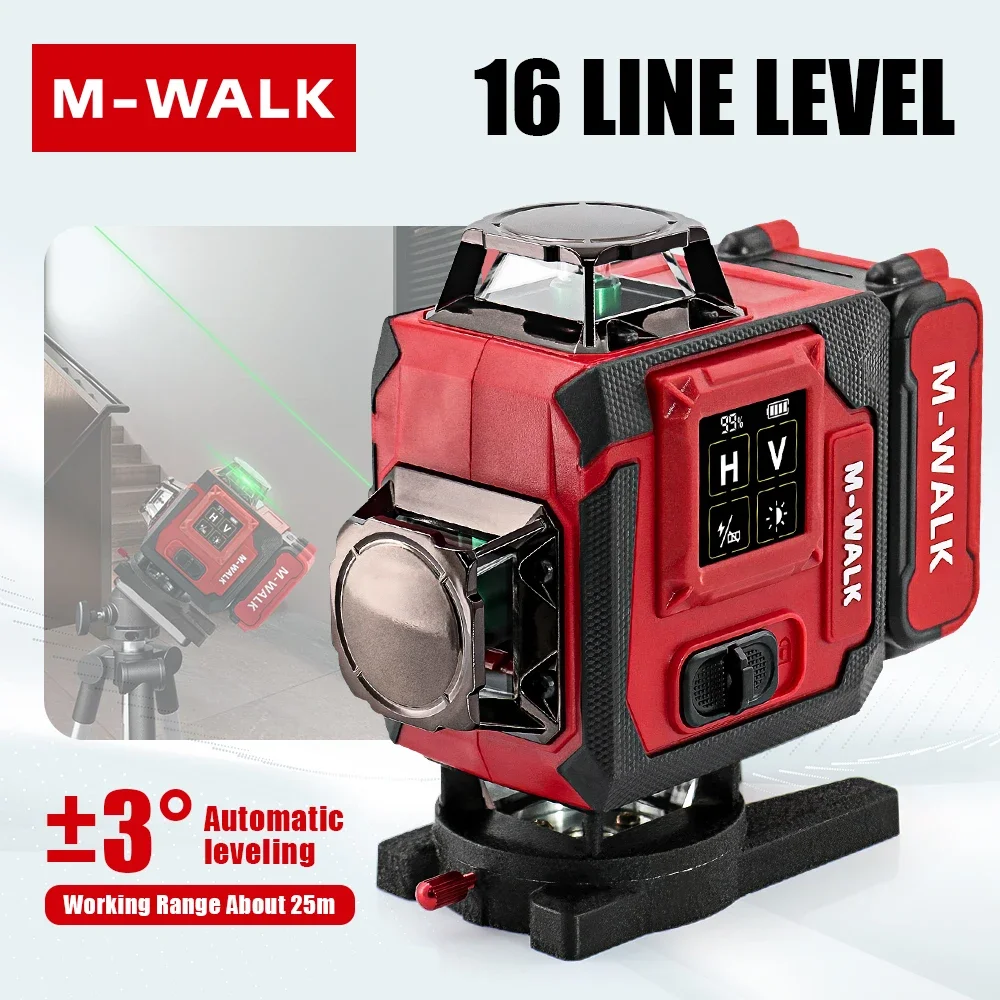 M-WALK Laser Level 16 Lines 4D Horizontal And Vertical Outdoor Self Leveling Green High-precision For Milwaukee 3.7V Battery Pin