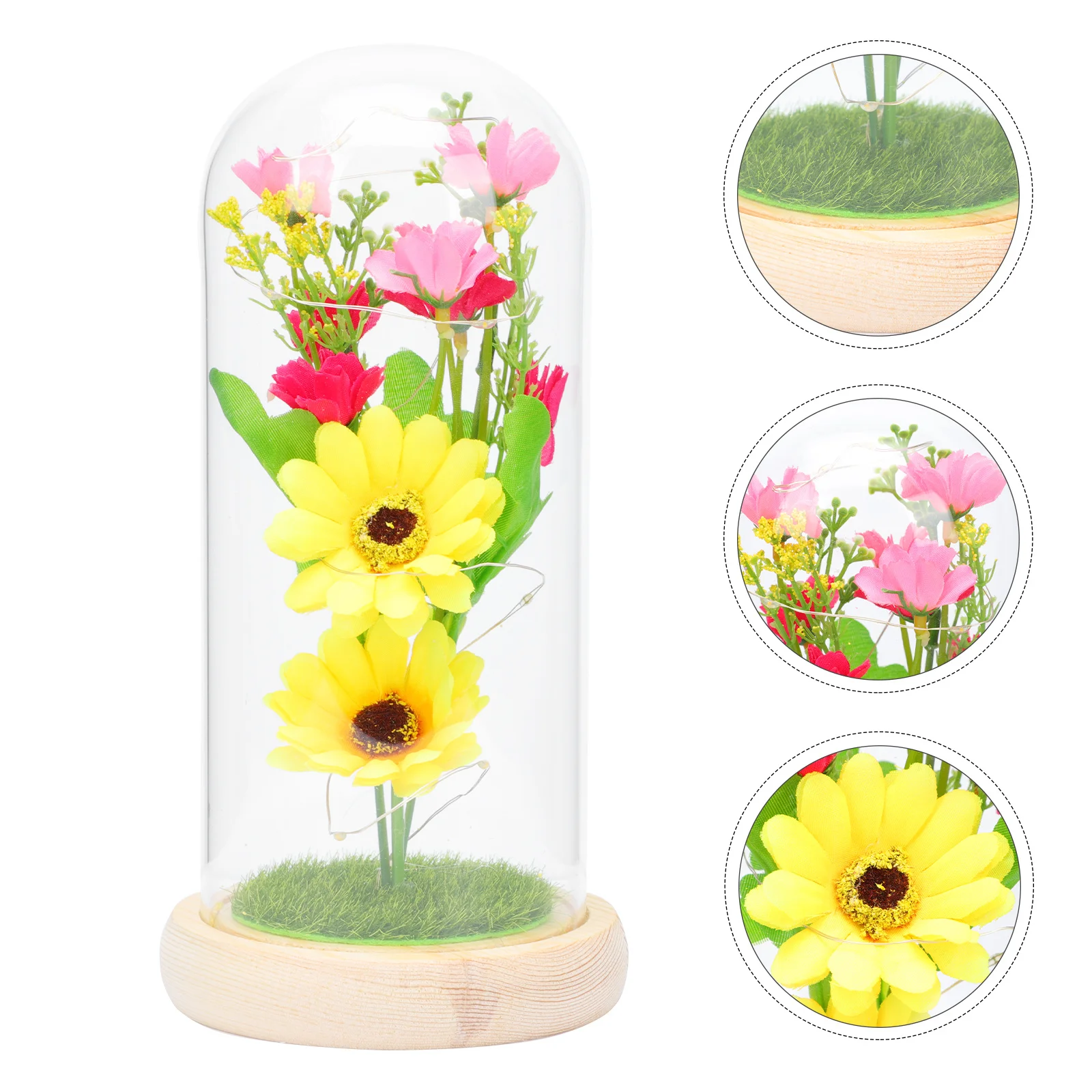 

1Pcs Solar Flower LED Night Light Fake Flower Decor Transparent Glass Dome Wood Base Romantic Valentine's Day Gift Home Bedroom