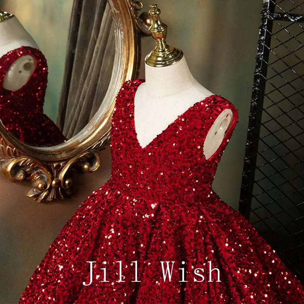 Jill Wish J087 Luxuriöses glänzendes Dubai-Mädchenkleid mit V-Ausschnitt in Burgunderrot, arabisches Prinzessinnenkleid für Kindergeburtstag, Hochzeit, Festzug