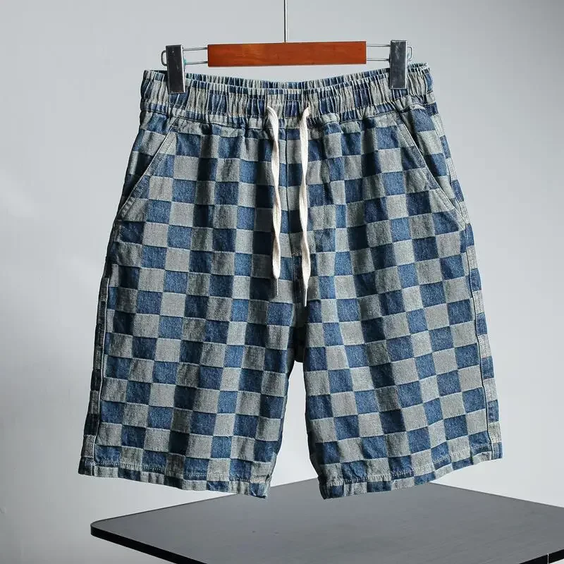 Male Denim Shorts Half Bermuda Long Loose Plaid Baggy Wide Men\'s Short Jeans Pants Thin Blue Korean Fashion Original Harajuku Xl