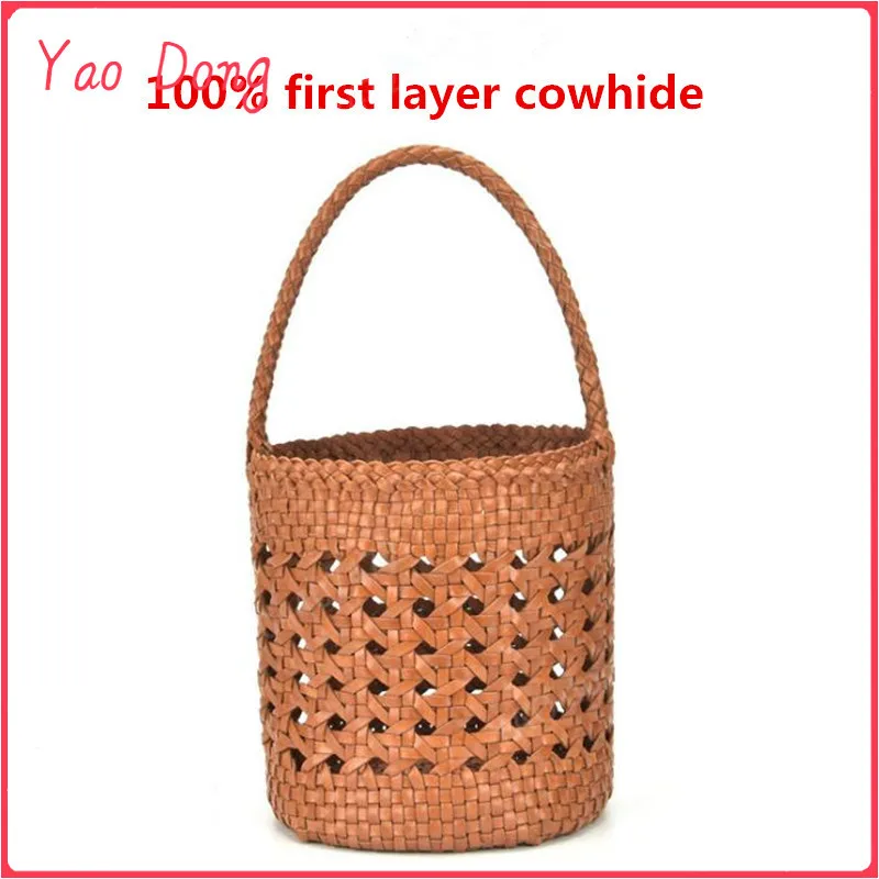 Yao Dong 100% Genuine Leather bucket bag Women's Woven Hollowed Cow Leather Bucket  Vintage Shopping Bag Cowhide Tote Bag