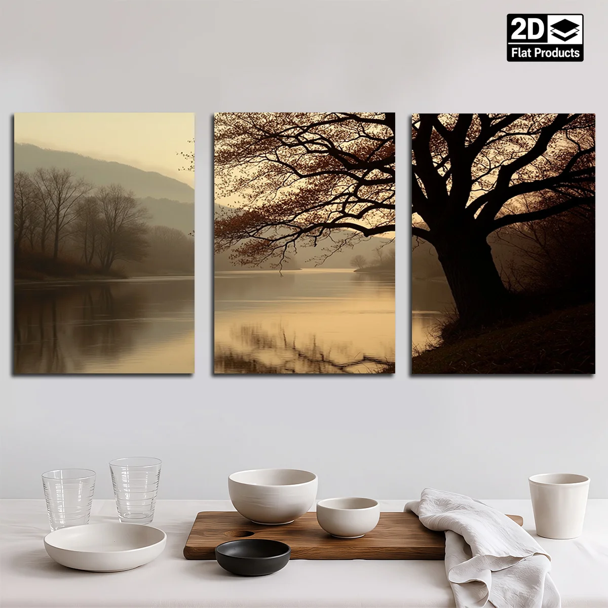 Frameless 3PCS 2D Decorative Painting - Canvas Painting - Three Panels Show Misty Lake With Trees And Mountains At Dawn Cheap