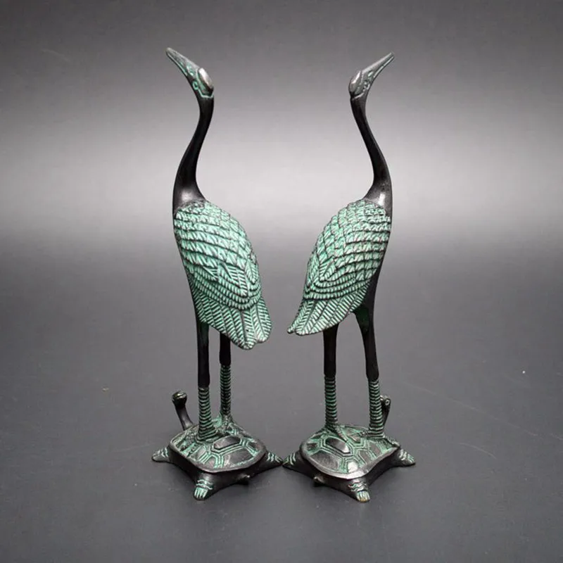 2 Pack Crane Statue Turtle Sculpture Antique Bronze Art Statue Handicraft Chinese Feng Shui Home Decoration Animal Bird Ornament
