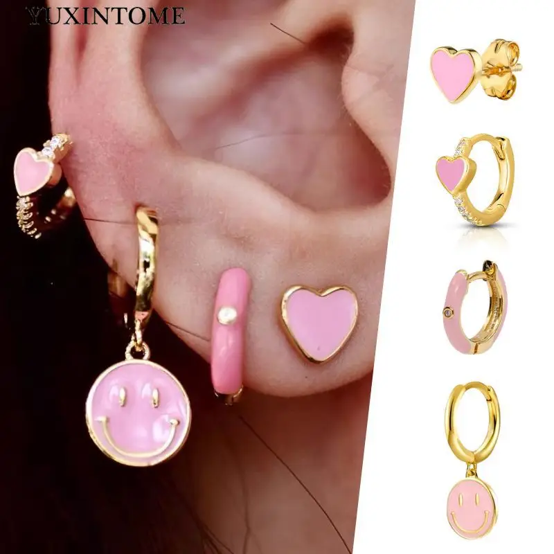 925 Sterling Silver Ear Needle Pink Enamel Earrings Heart-shaped Geometric Hoop Earrings For Women Fine Cute Jewelry Accessories