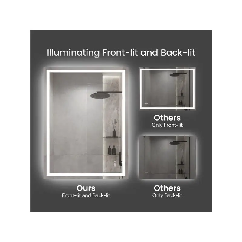 مرآة حمام LED مقاس 28 × 36 بوصة، مضاءة أمامية وخلفية، 3 ألوان قابلة للتعديل، ذاكرة سطوع، مرآة زينة مضادة للضباب #6