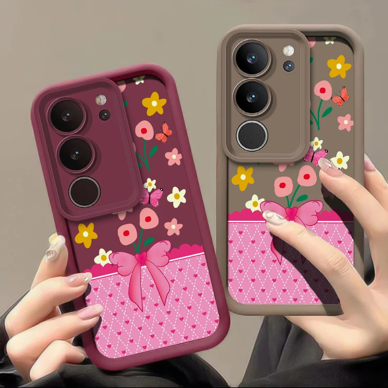 Silicon Matte Phone Case For Vivo Y400 Pro Y300 Y200 Y100 Y72 Y55 Y53S Y52 Y51A Y89 Y81I Y77 Bow Floral Pattern Shockproof Cover view 2