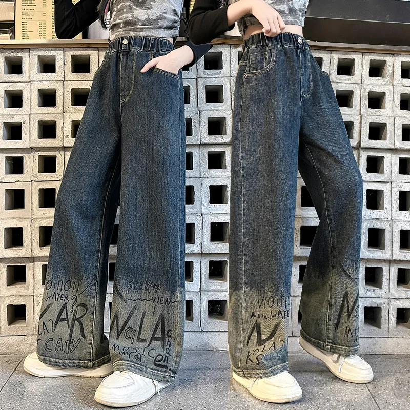

Vintage Teenage Girls Gradient Jeans with Letters Print Autumn Children Elastic Waist Casual Kids Denim Pants Baby Girl Trousers