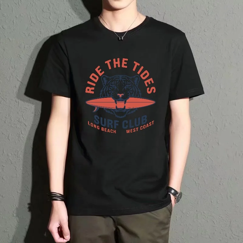 Men's Black Round-Neck Short-Sleeved T-Shirt with Tiger Surfing Print, American Street Style Loose Casual Top, a Fashionable Item for Daily Wear and Vacation