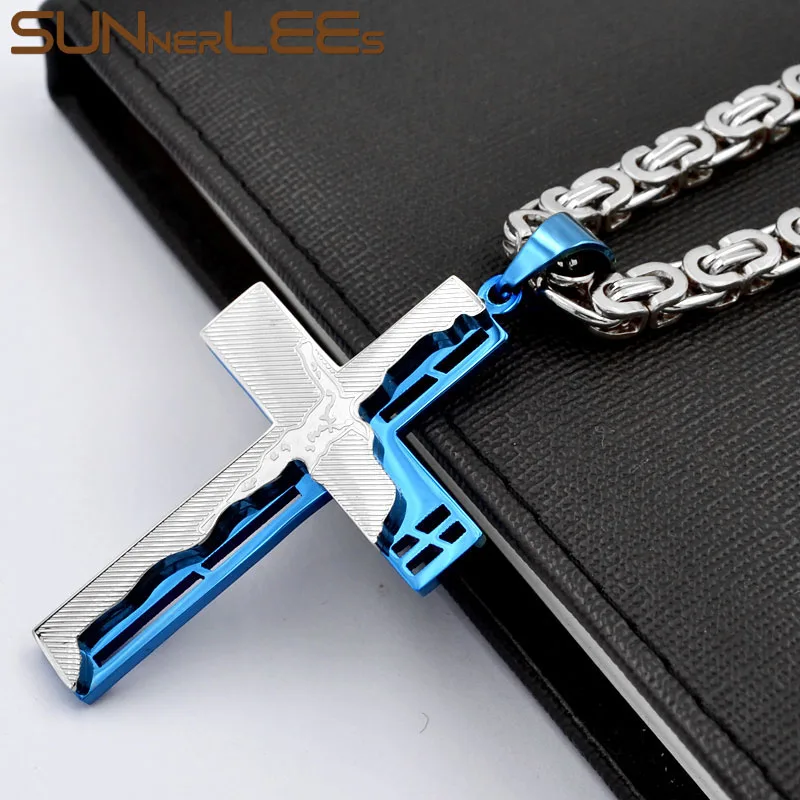 

SUNNERLEES Stainless Steel Jesus Christ Cross Pendant Necklace Byzantine Link Chain Silver Color Gold Plated Men Boys Gift SP251