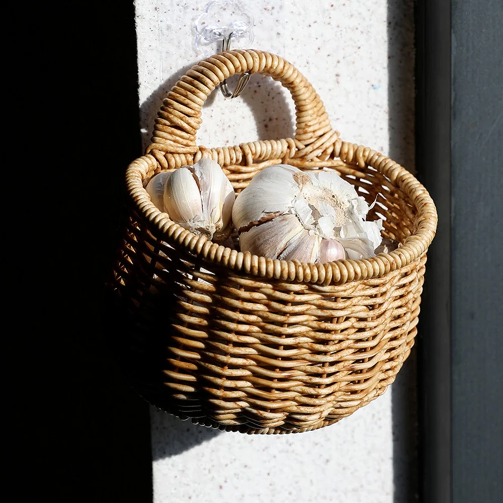 Wall Hanging Woven Basket Portable Kitchen Ginger Garlic Storage Basket Vegetables Storage Box Flower Plant Pot Storage Baskets