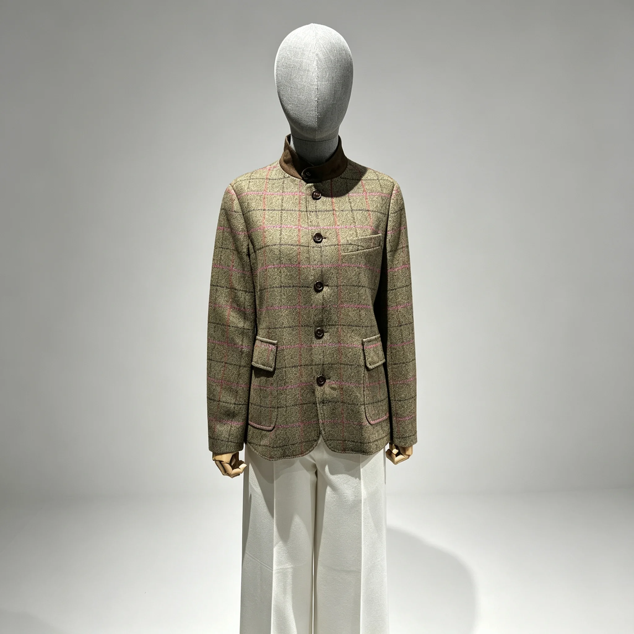 Women's 100%Wool Jacket Commute Style Slim Fit Casual High Collar Suit Simple Design Long Sleeve Button Closure  Plaid Pattern view 4