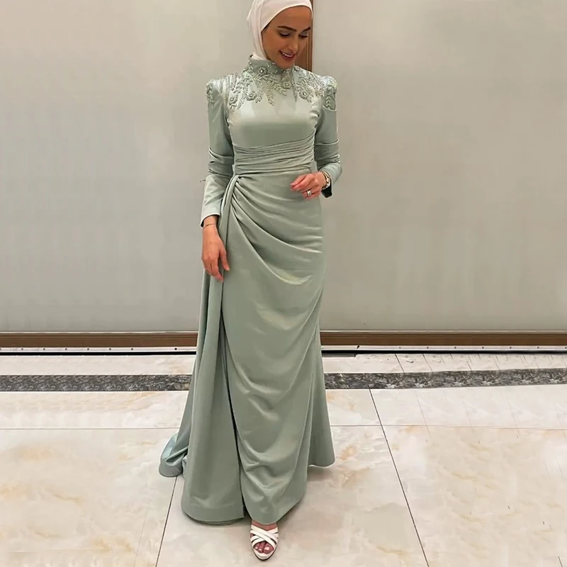 

Sage Muslim Mermaid Evening Dresses for Women High Collar Long Sleeve Overskirt Appliques Hijab Wedding party Gowns Customized