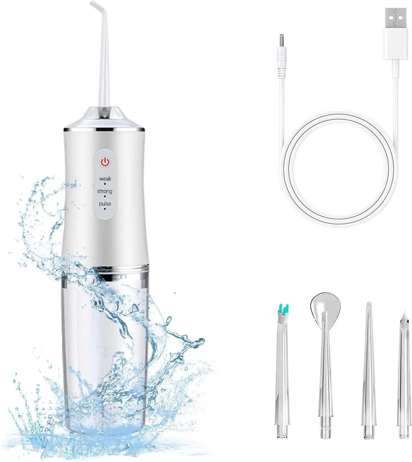 Irrigador Bucal Portátil de 300 ml, 3 Modos (Suave/Fuerte/Pulsado), Batería de 45 Días, Resistente al Agua IPX7, 4 Boquillas