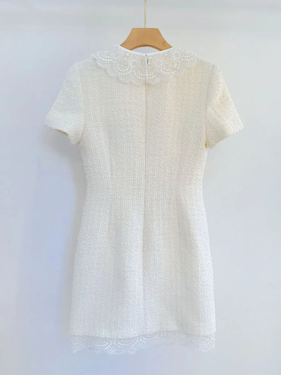 GALCAUR Patchwork Button Lace Dresses for Women O Neck Short Sleeve High Waist Solid Elegant Mini Dress Female Fashion Clothing