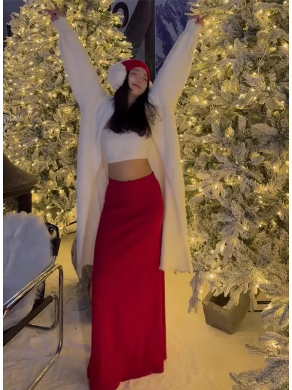 

Элегантная красная юбка А-силуэта для женщин, осенне-зимняя, с высокой талией, драпированная, универсальная, облегающая, длинная, повседневная