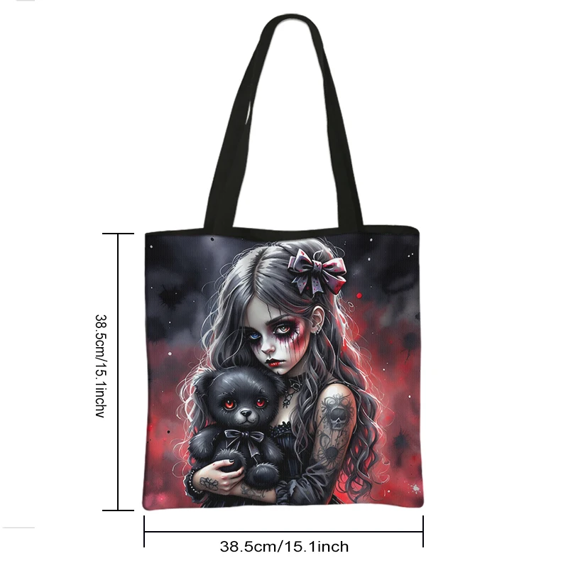 Cartoon Gothic Girl and Bear Doll Print Shopping Bag Goth Girl Women Totes Handbag Large Capacity Shoulder Bag Portable BookBag