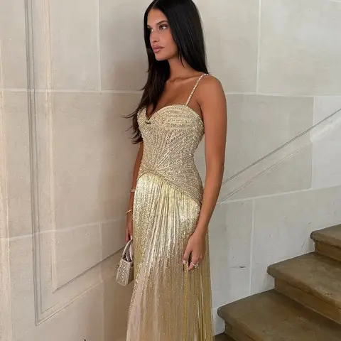 Mila Golden Prom Dresses Spaghetti Strap Beading Customized Formal Evening Sleeveless Floor-Length A-line vestidos de gala 2025