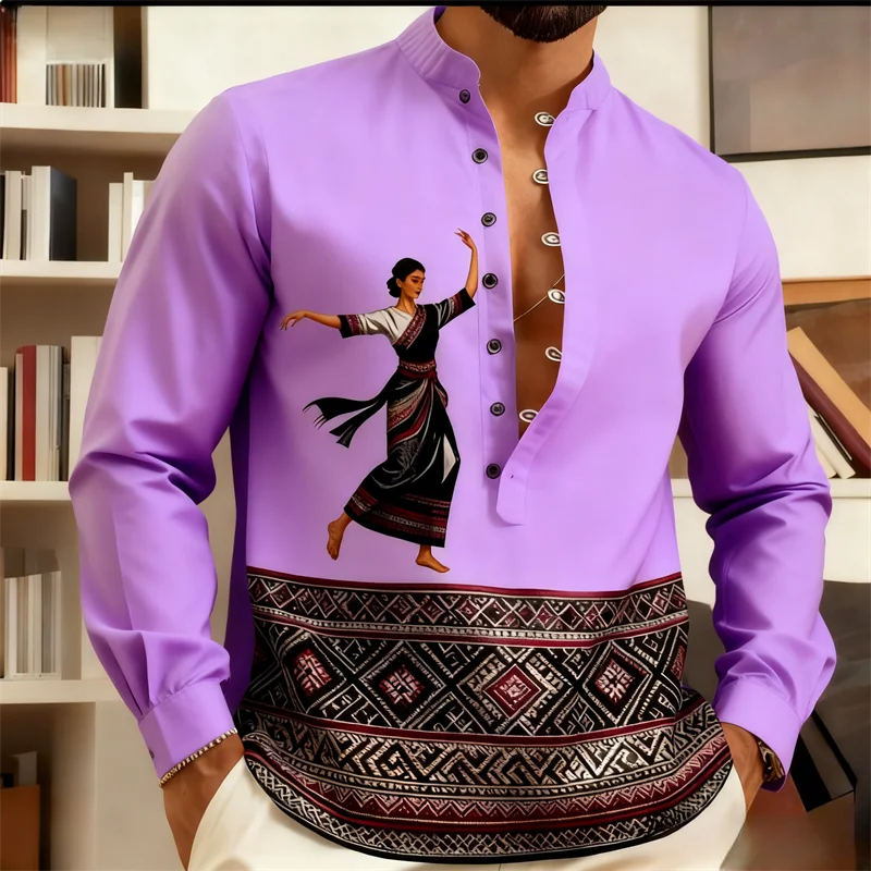 

Baju Melayu Men's Long Sleeve Shirt Traditional Dance Print Ethnic Pattern Casual Blouse Top for Cultural Events