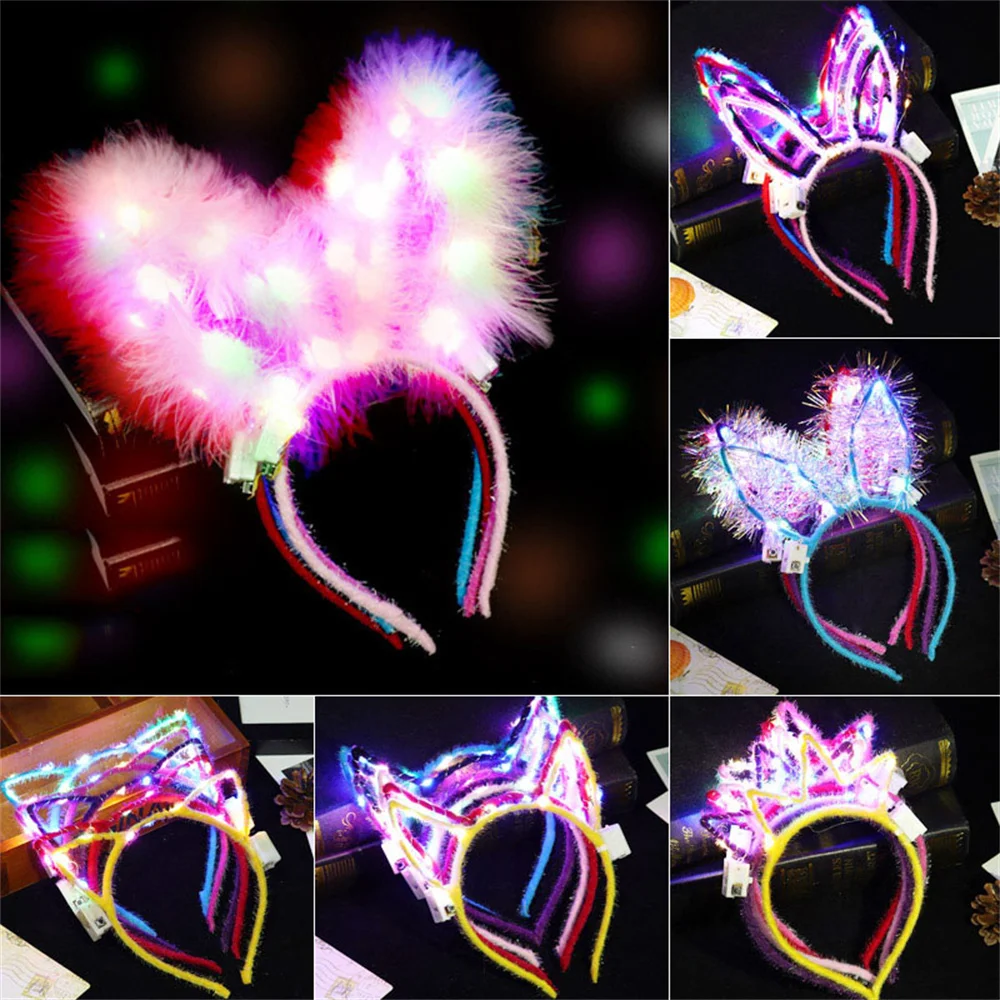 LED Bunny Ears Headbands Glowing Rabbit Cat Party Light Up Blinking Headwear Wedding Birthday Party Halloween Holiday Gift Decor