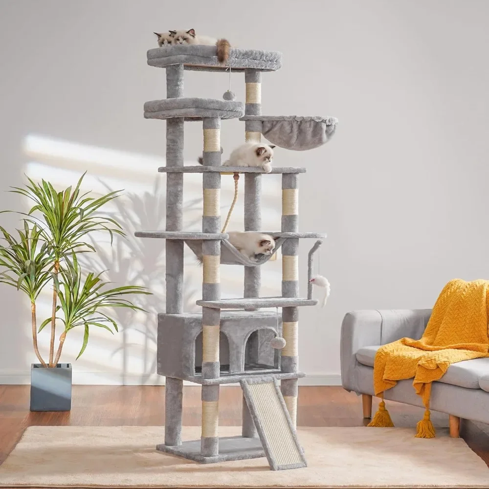 Cat Tree 78 Inch Multi-Level Cat Tower for Indoor Cats 2 Widened Plush Perches Cat Condo with Scracthing Board and Big Caves