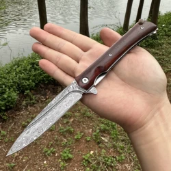 Topwell-cuchillo plegable artesanal VG10 Damasco, mango de sándalo natural, rodamiento de bolas, apertura suave, EDC, caza al aire libre