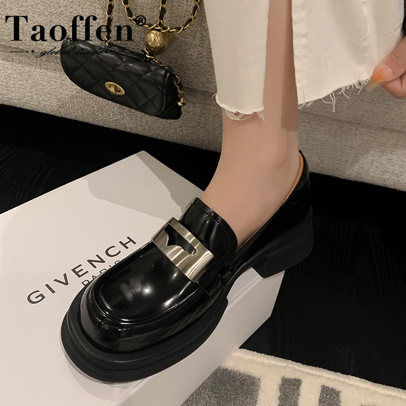 

2023 Taoffen Platform Loafers Women Genuine Leather Round Toe Slip-On Casual Shoes Chunky Heel Comfortable Office Oxford