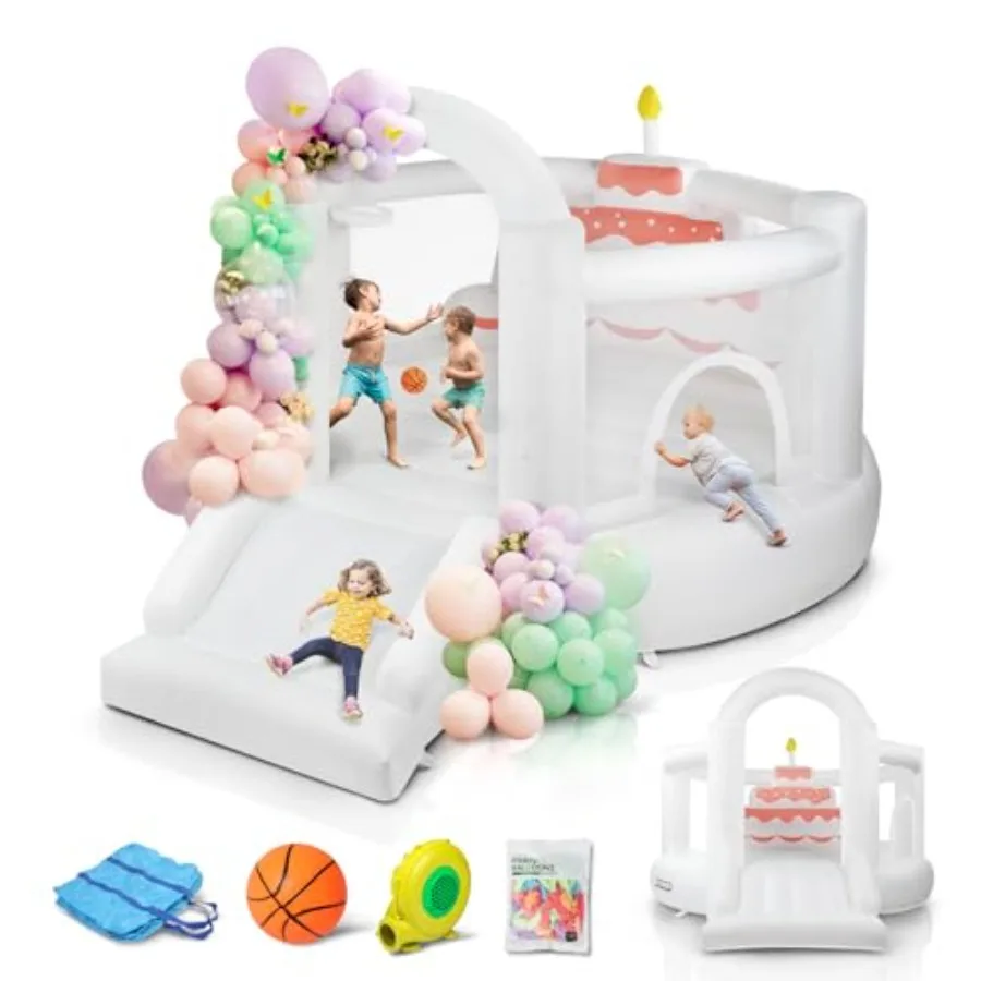Casa de rebote para niños (12 pies x 10 pies x 7,2 pies) con tobogán, globos, bóveda espaciosa, casa de rebote blanca para fiesta de cumpleaños infantil con Bu