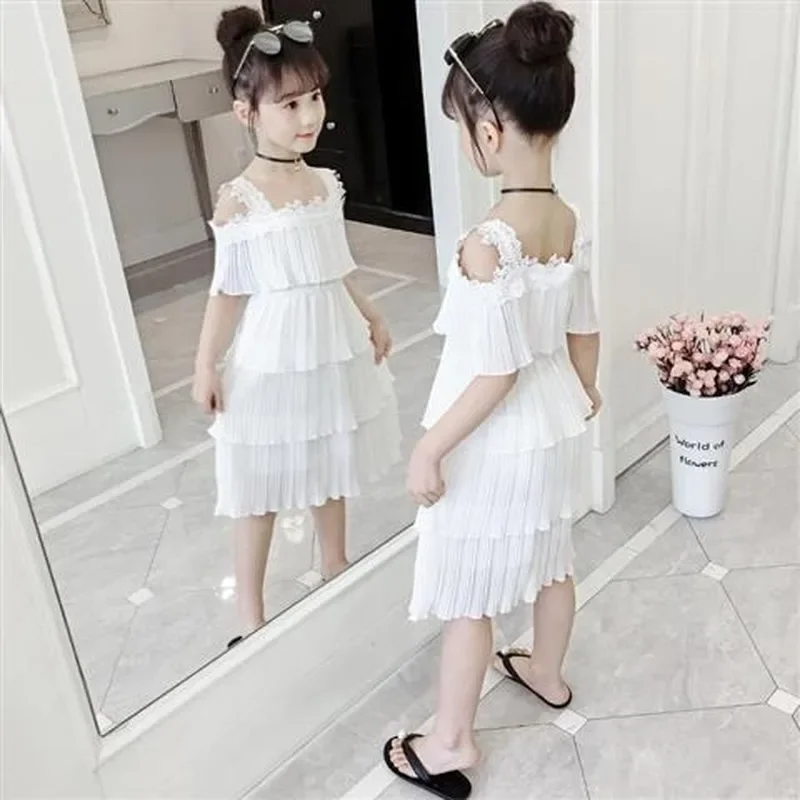 2024 Summer Girls Clothes chiffon Strapless Sling Dress lace teenager Fashion Leyered Dress 4 5 6 7 8 9 10 11 12 13 14 years