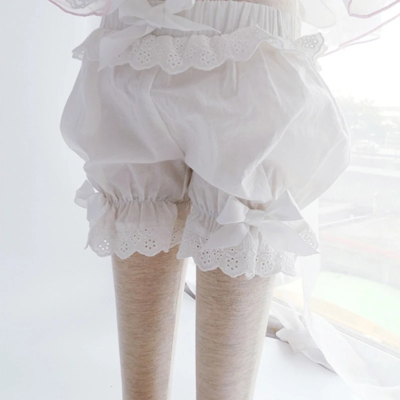 Women Ruffled Lace Trim Pumpkin Shorts Maid Cosplay Bowknot Safety Pants