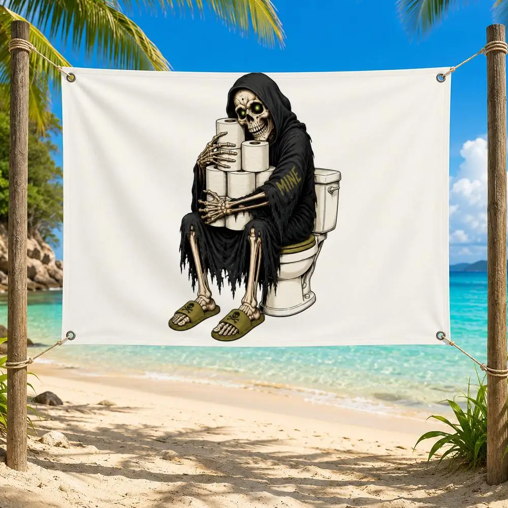 Halloween Funny Grim Reaper Bathroom Art Flags Fade Resistant Flag Washable Lightweight HD Print Indoor Outdoor All-Weather