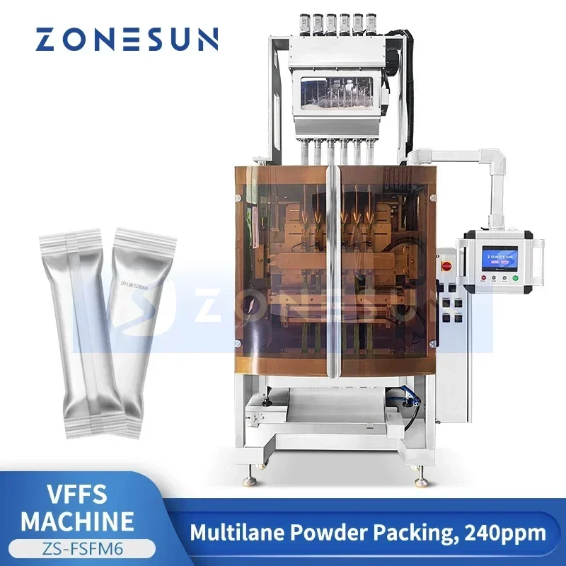ZONESUN ZS-FSFM6 6-Lane Multilane Powder Packing Machine Automatic 240ppm VFFS Vertical Stick Sachet Packaging Auger Filler