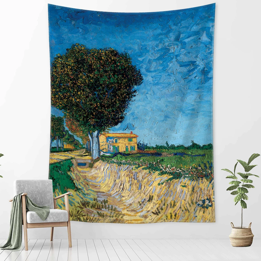 Idyllic Forest Cabin Tapestry Wall Hanging Bohemian Psychedelic Mystery Van Gogh Oil Painting Bedroom Decor