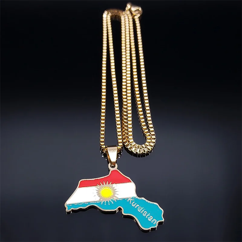 Hip Hop Kurdistan Map Necklace Women Men Stainless Steel Chain Trendy National Flag of Kurdish Pendant Necklaces Jewelry Gifts