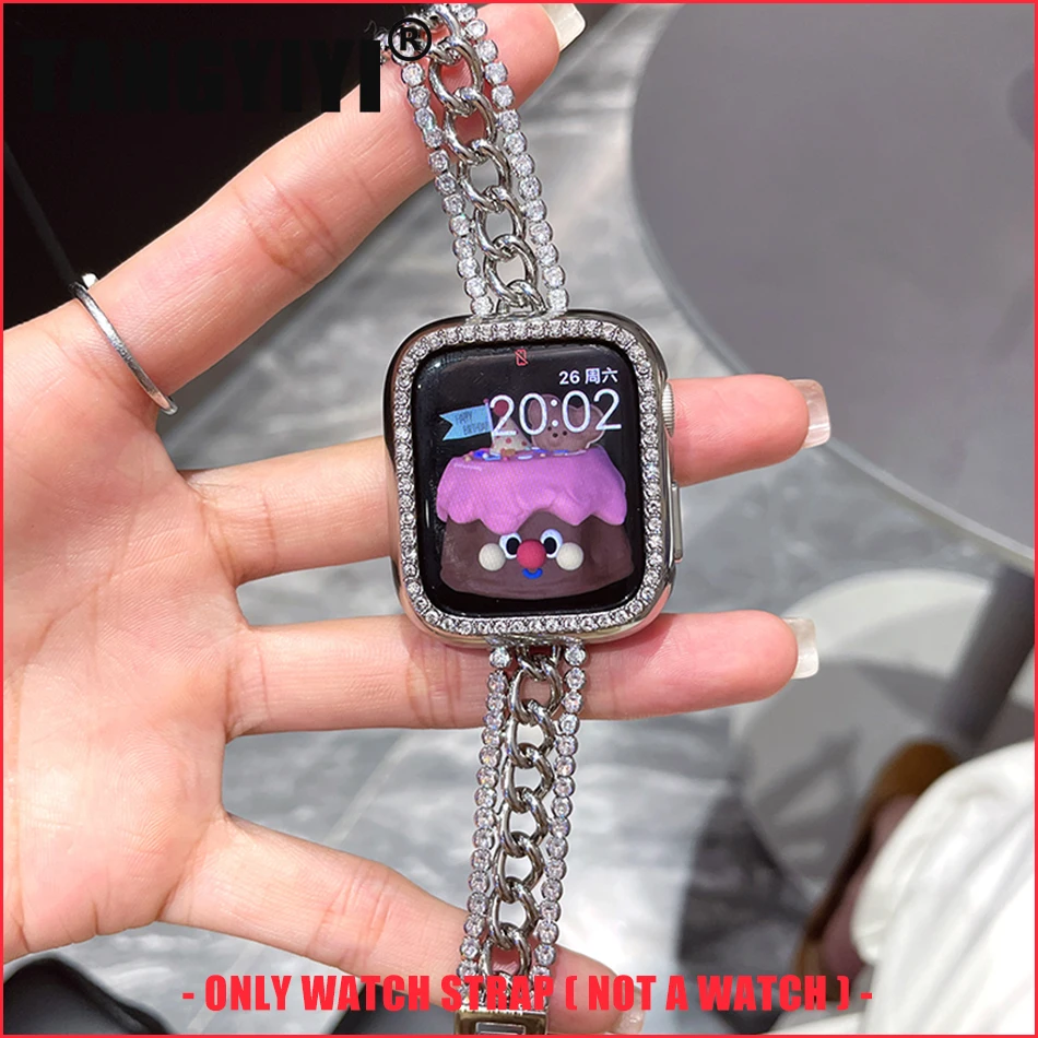 

Ремешок с бриллиантами для Apple Watch Series 9, 8, 7, 6 SE 5, 45/44/42/41/40/38 мм, роскошный металлический браслет INS с двойным блеском IWatch Ultra 2, 49 мм