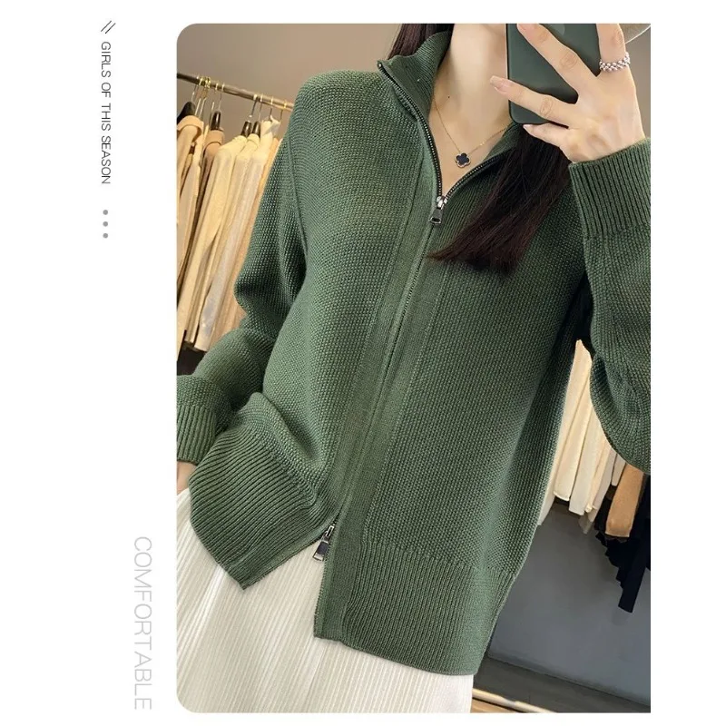 Mode casual opstaande kraag jas voor dames 2025, nieuwe gebreide vest met dubbele rits, trui, trui top