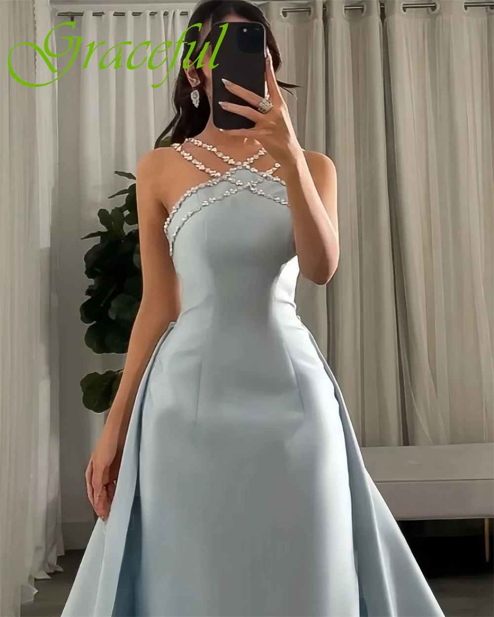 

Customized Temperament Sweep Train Satin Evening Dress Elegant Sleeveless Prom Dresses Simple Backless Special Occasion Gowns