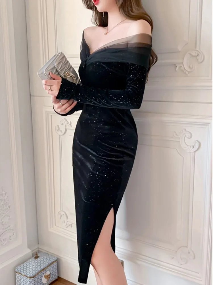 Elegant Sequins Velvet Midi Dress Office Lady Off Shoulder Black Bodycon Evening Vestidos Spring Autumn Female Formal Clothes