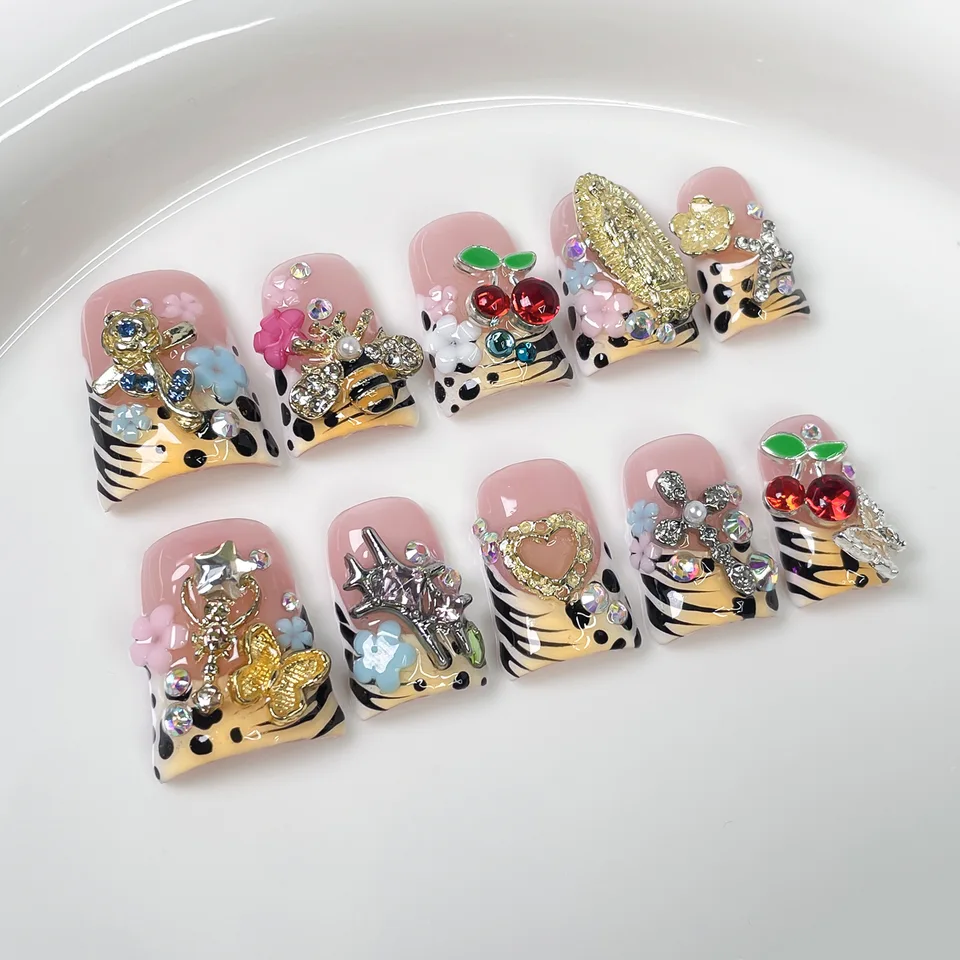 10 piezas uñas postizas de pico hechas a mano con estampado de leopardo, francesas, uñas de presión para mujer