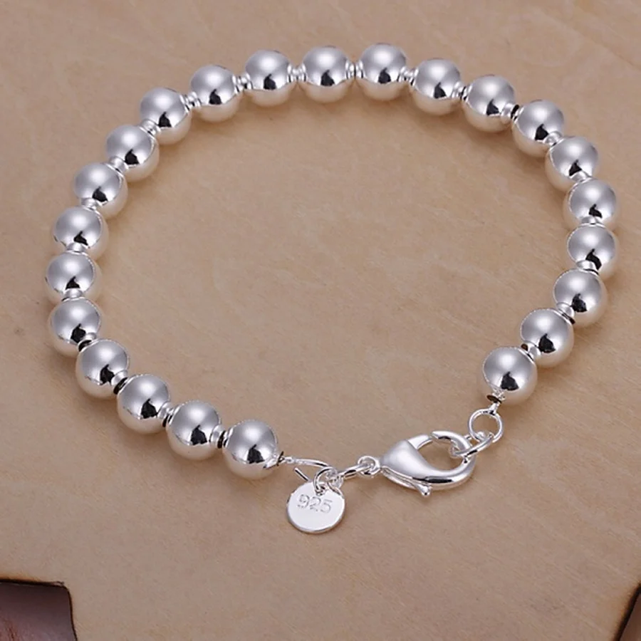 Wholesale High Quality Fashion 925 Sterling Silver Bracelet Jewelry Charm 8MM Chain Bead Bracelets Gifts for Women Wedding 20cm