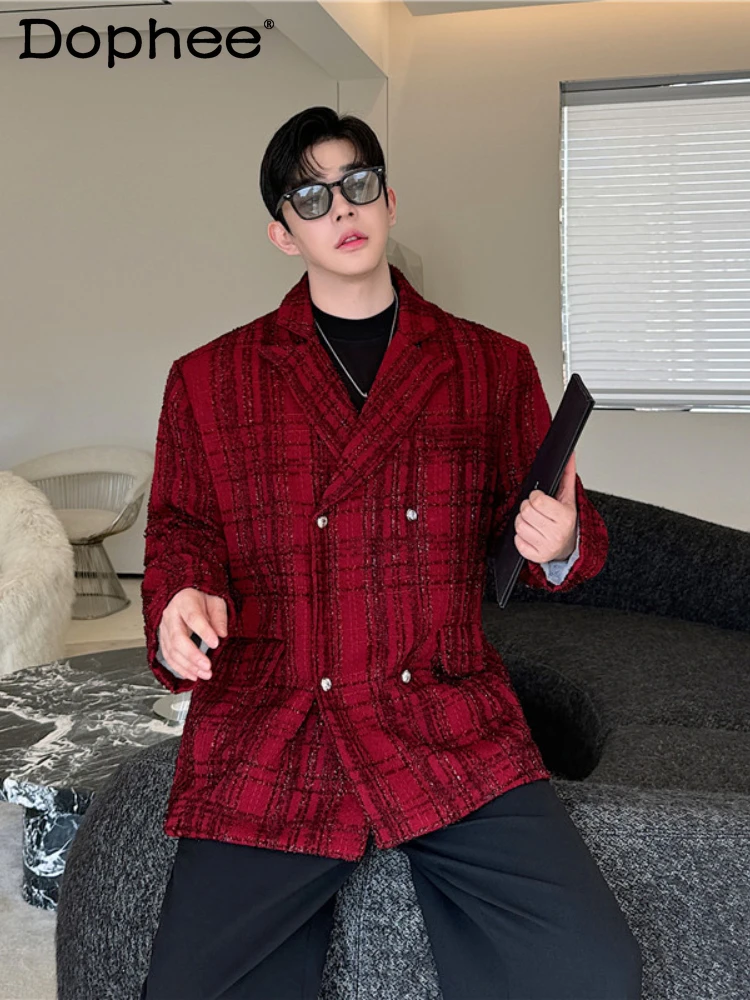 

2024 Autumn Winter New Personality Bright Silk Woolen Woven Shoulder Padded Woolen Suit Jackets Men's Long-sleeve Suit Jacket