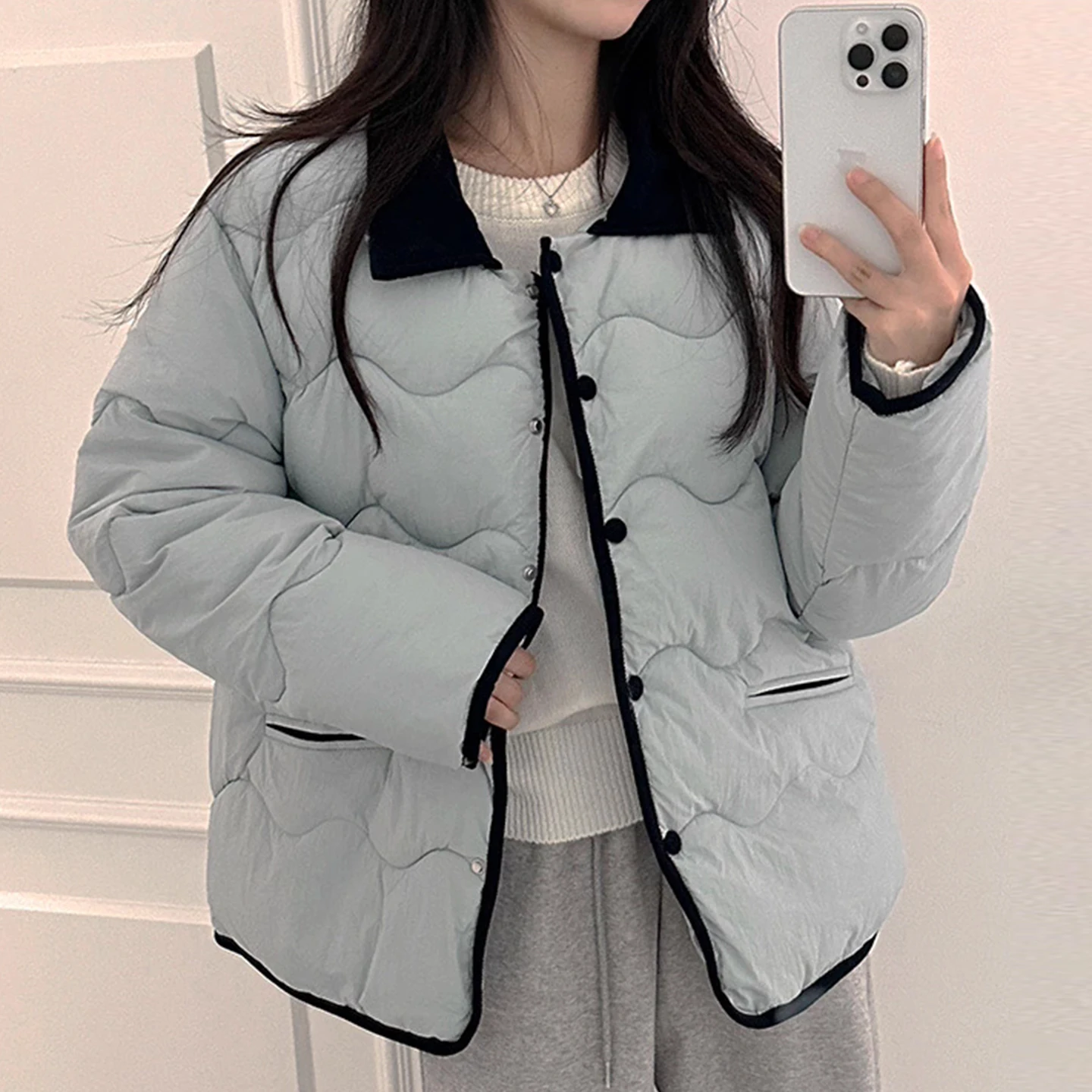 

Anti-Aging Color Blo Collar Wave Texture Cotton Jaet Women's Long Sve Single Button Winter New Sle Korean Loose Fit
