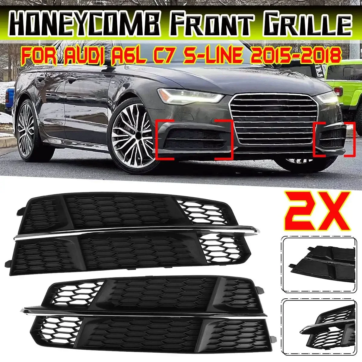 

A6L Car Front Bumper Fog Light Grille Grill Lamp Hoods For AUDI A6L C7 S-Line 2015-2018 HONEYCOMB HEX Fog Lamp Cover Trim