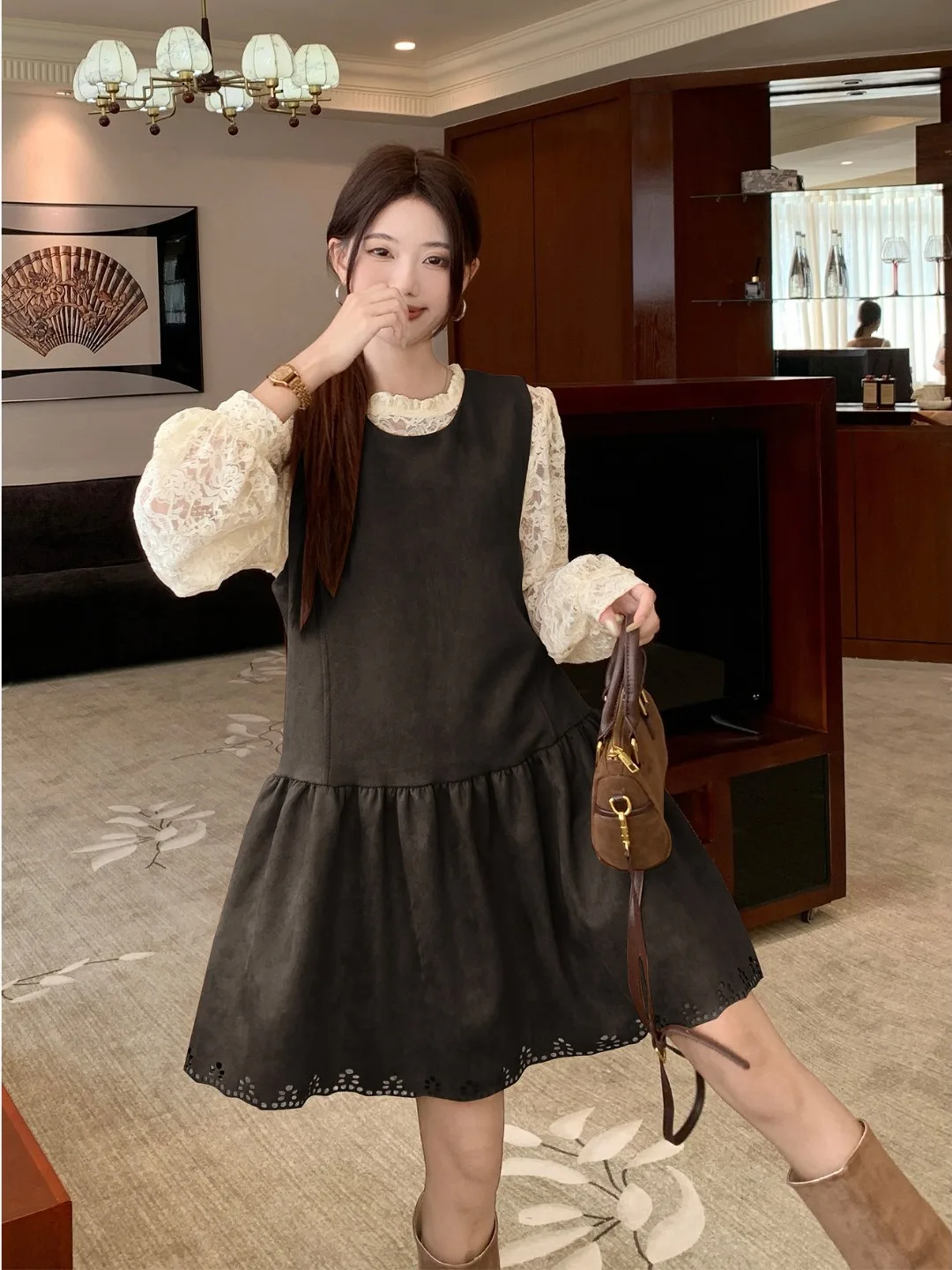 

plus Size Women's Suede Vest Dr Lace Underlay irt Set Korean Sle Loose Fit High Waist Mid-Length A-Line Skirt