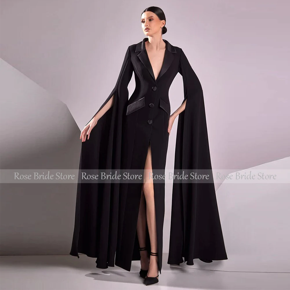 Formal Women's Evening Gowns Black Satin Button Front Fork Column V-neck Midi Dresses Bespoke Occasion Gown Gowns 2024